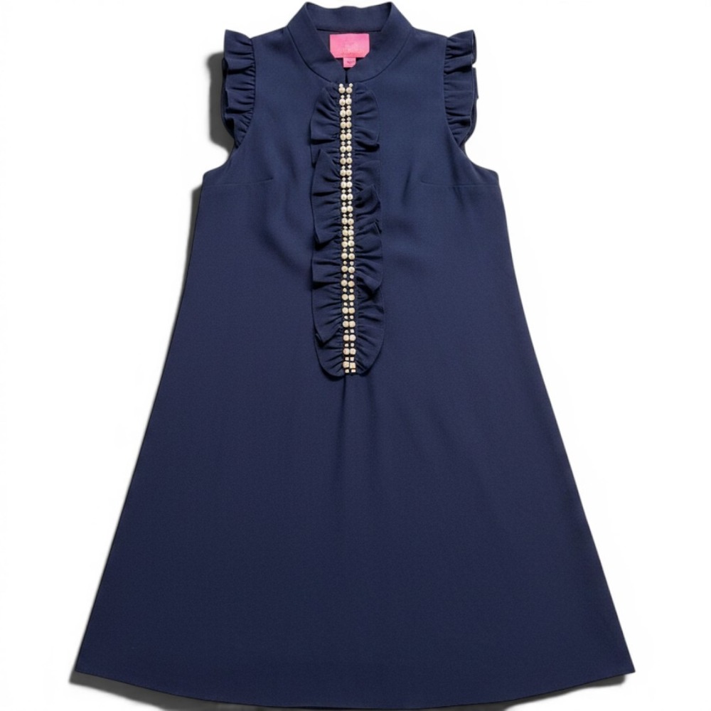 Lilly Pulitzer Navy Blue Ruffle Beaded Shift Dress Mock Neck Sleeveless 00